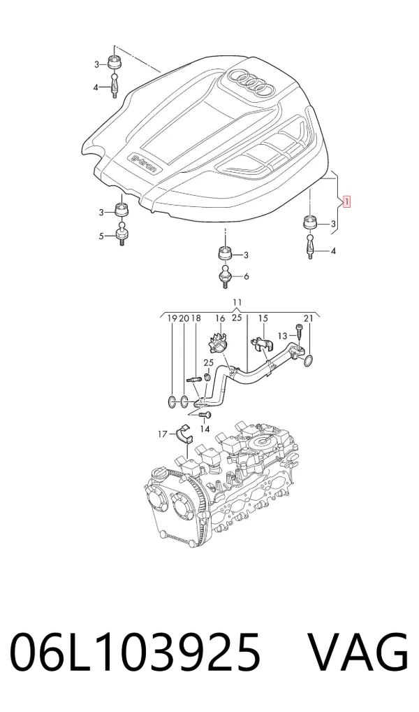 Tampa de motor decorativa 06L103925 VAG