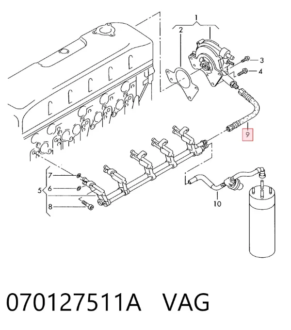 Tubo de combustível, desde a Bomba de Combustível de Pressão Alta até a sonda de combustível 070127511A VAG