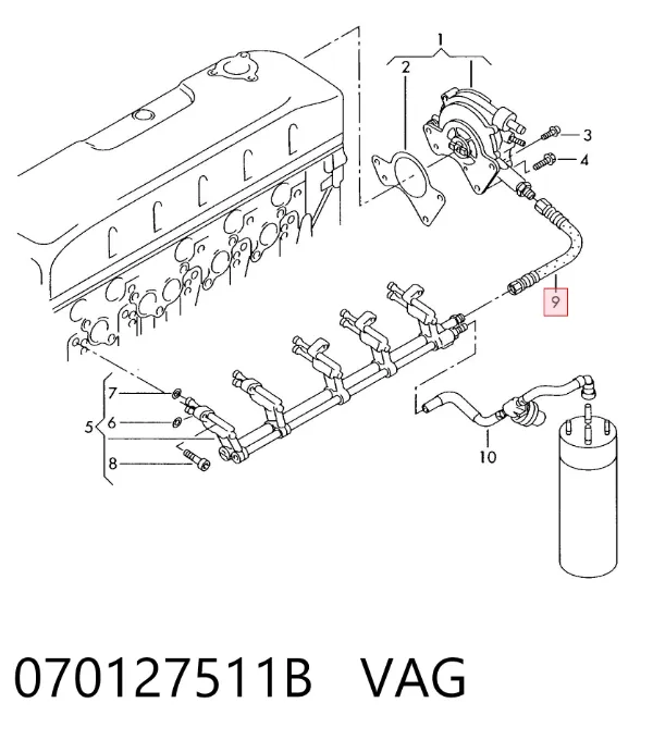 Tubo de combustível, desde a Bomba de Combustível de Pressão Alta até a sonda de combustível 070127511B VAG