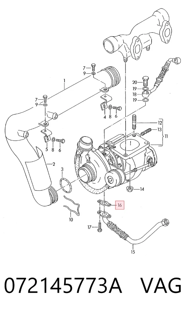 Vedante de mangueira de derivação de óleo de turbina 072145773A VAG
