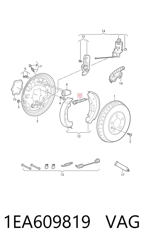 Mecanismo de aproximação (de auto-aproximação) das sapatas de tambor (kit de reparação levadiça) 1EA609819 VAG