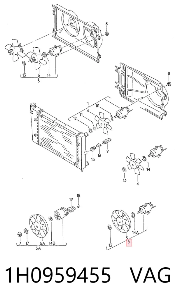 Ventilador elétrico de esfriamento montado (motor + roda de aletas) 1H0959455 VAG