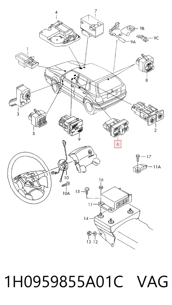 Botão de ativação de motor de acionamento de vidro de consola central 1H0959855A01C VAG