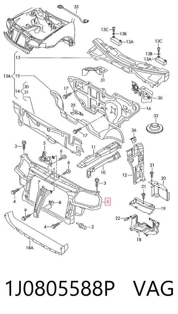 Suporte do radiador montado (painel de montagem de fixação das luzes) 1J0805588P VAG