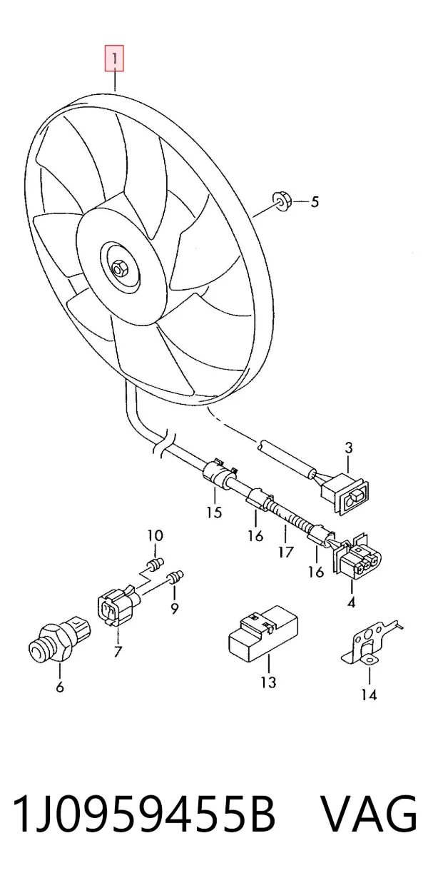 Ventilador elétrico de esfriamento montado (motor + roda de aletas) 1J0959455B VAG