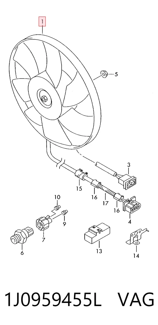 Ventilador elétrico de esfriamento montado (motor + roda de aletas) 1J0959455L VAG