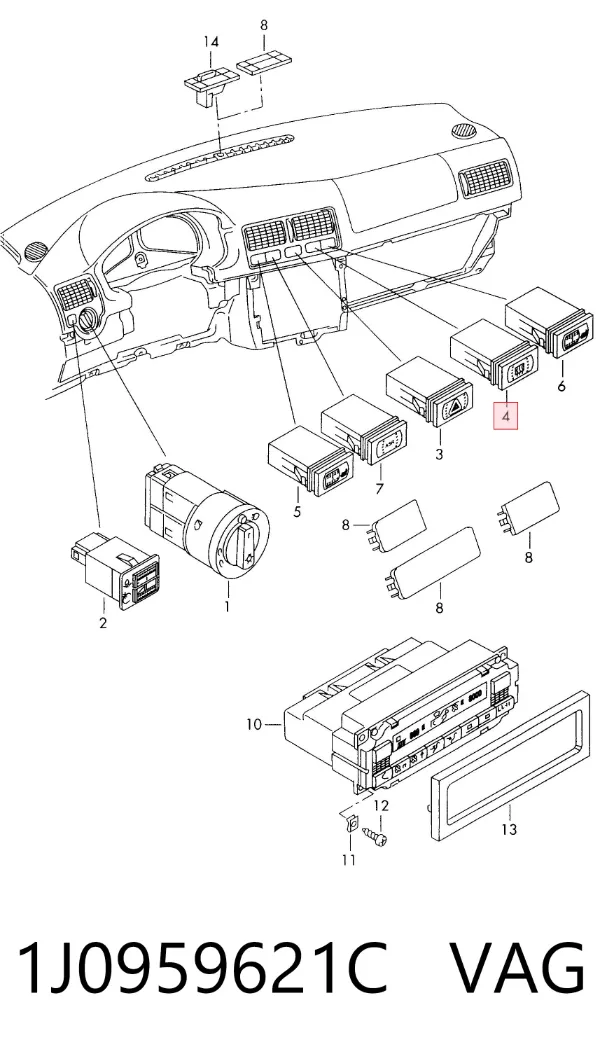 Botão de ativação de aquecimento de vidro traseiro 1J0959621C VAG