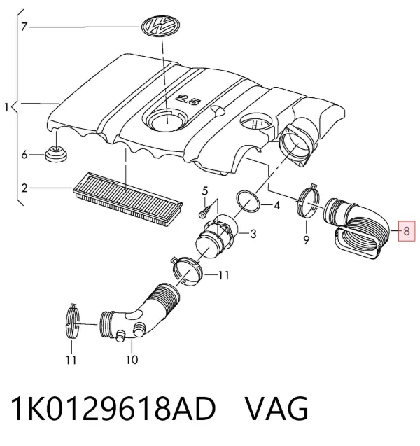 Cano derivado de ar, entrada de filtro de ar 1K0129618AD VAG