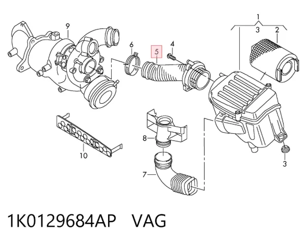 Cano derivado de ar, saída de filtro de ar 1K0129684AP VAG