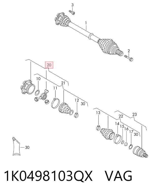 Junta homocinética interna dianteira 1K0498103QX VAG