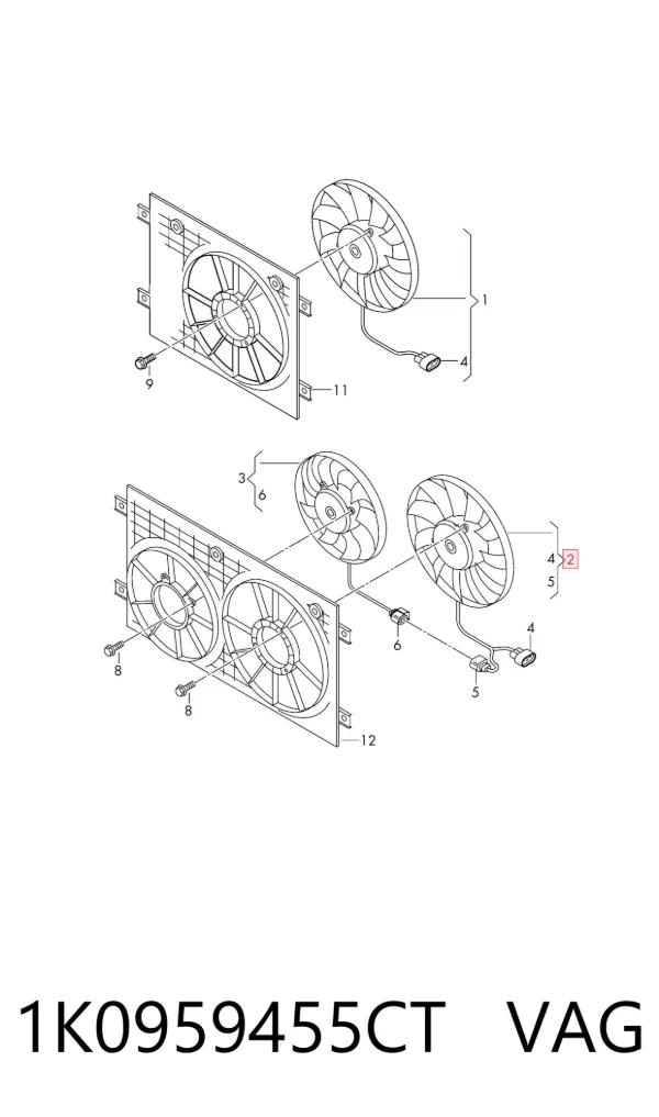 Ventilador elétrico de esfriamento montado (motor + roda de aletas) direito 1K0959455CT VAG