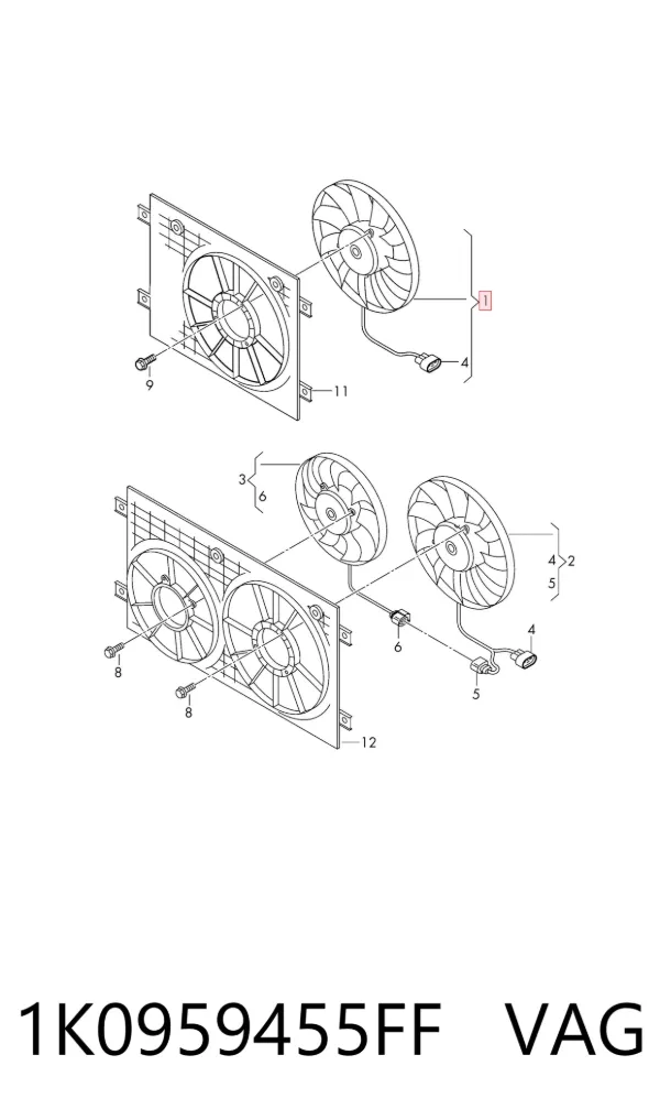 Ventilador elétrico de esfriamento montado (motor + roda de aletas) esquerdo 1K0959455FF VAG