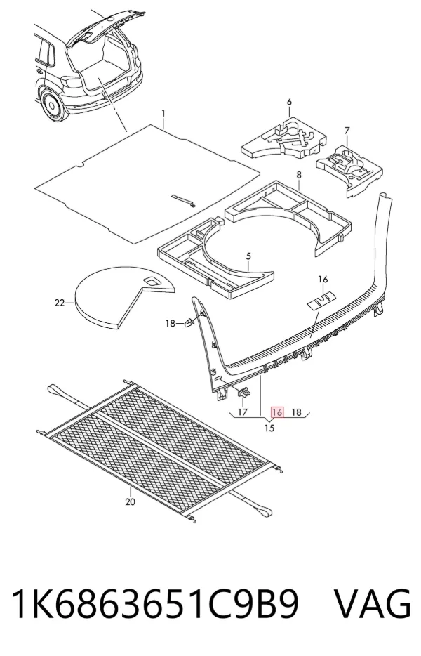 Cobrimento de painel traseiro de porta-malas 1K6863651C9B9 VAG
