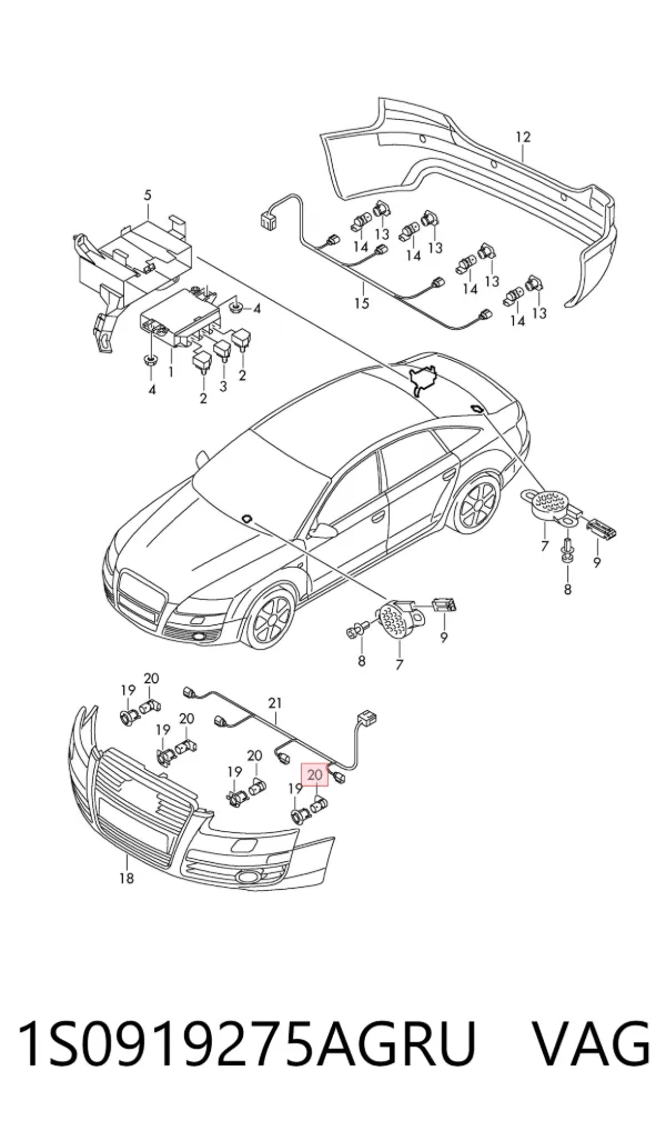 Sensor de sinalização de estacionamento (sensor de estacionamento) dianteiro/traseiro central 1S0919275AGRU VAG