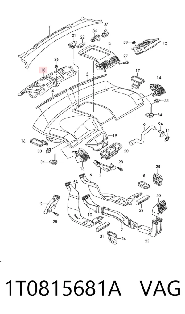 Conduto de ar (distribuidor de ar para "painel de instrumentos") central 1T0815681A VAG