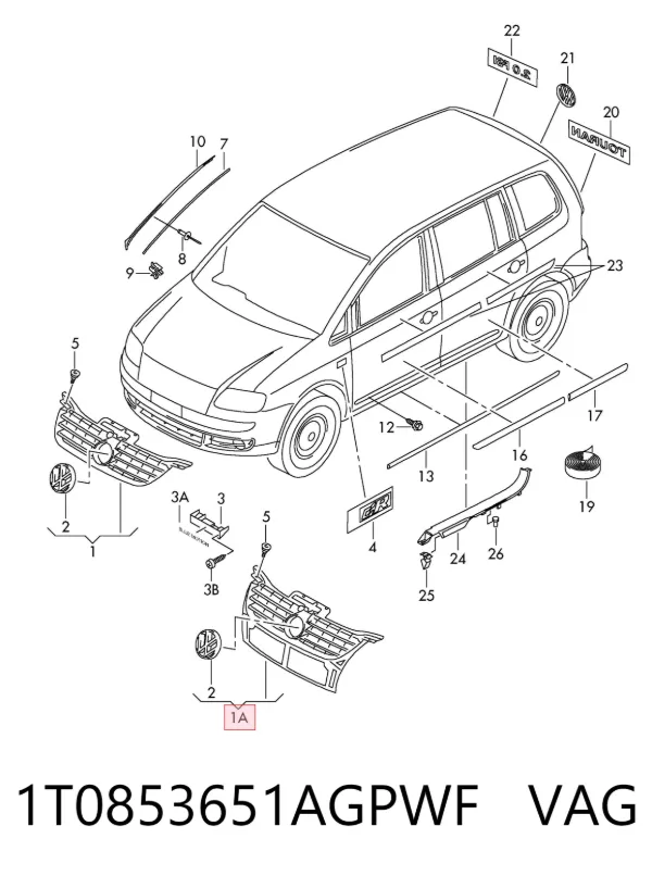 Grelha do radiador 1T0853651AGPWF VAG