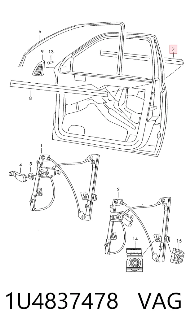 Compactador externo de vidro da porta dianteira direita (chapa) 1U4837478 VAG