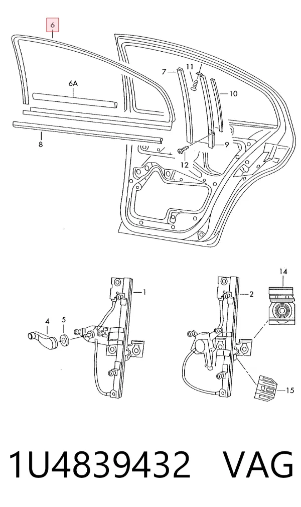 Guia de vidro de quadro da porta traseira direita 1U4839432 VAG