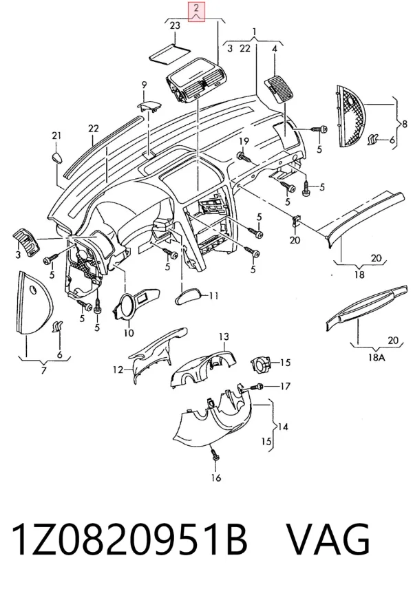 Conduto de ar (distribuidor de ar para "painel de instrumentos") central 1Z0820951B VAG