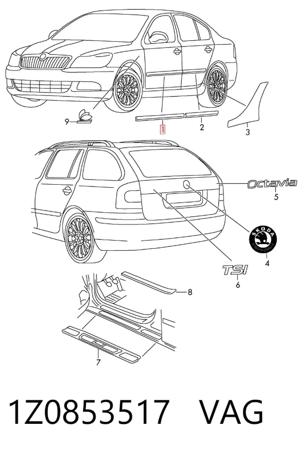 Moldura da porta dianteira esquerda 1Z0853517 VAG