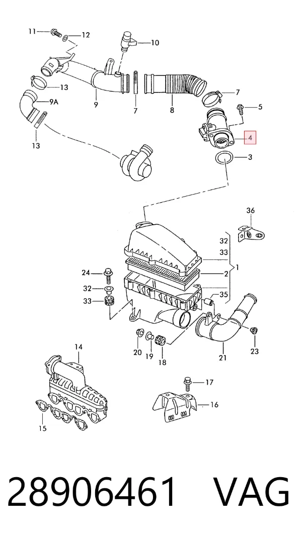 Sensor de fluxo (consumo) de ar, medidor de consumo M.A.F. - (Mass Airflow) 28906461 VAG