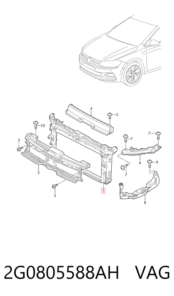 Suporte do radiador montado (painel de montagem de fixação das luzes) 2G0805588AH VAG