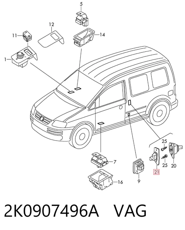 Sensor de fechamento de portas (interruptor de fim de carreira), na porta deslizante 2K0907496A VAG