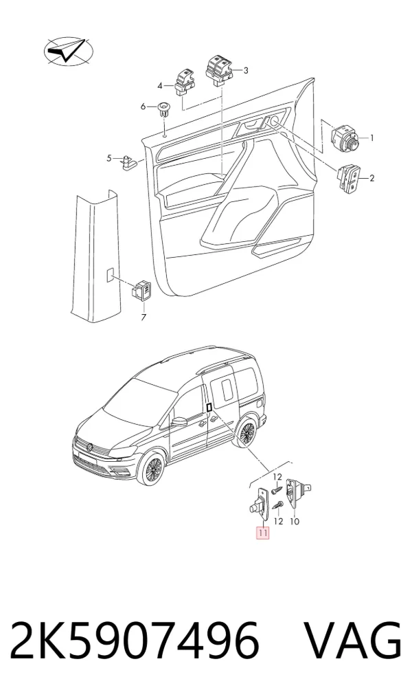 Sensor de fechamento de portas (interruptor de fim de carreira), na porta deslizante 2K5907496 VAG