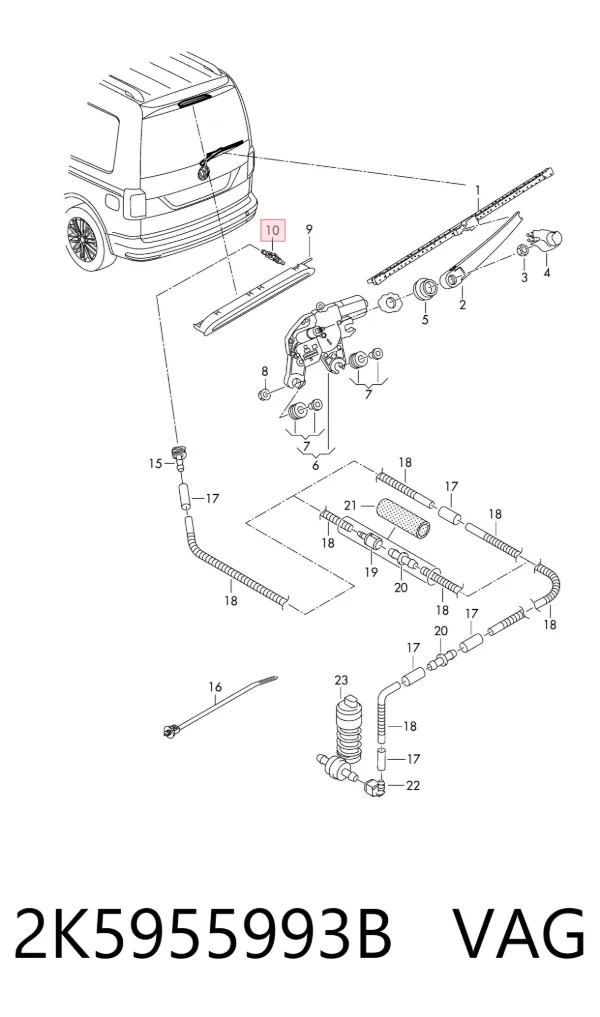 Injetor de fluido para lavador de vidro traseiro 2K5955993B VAG