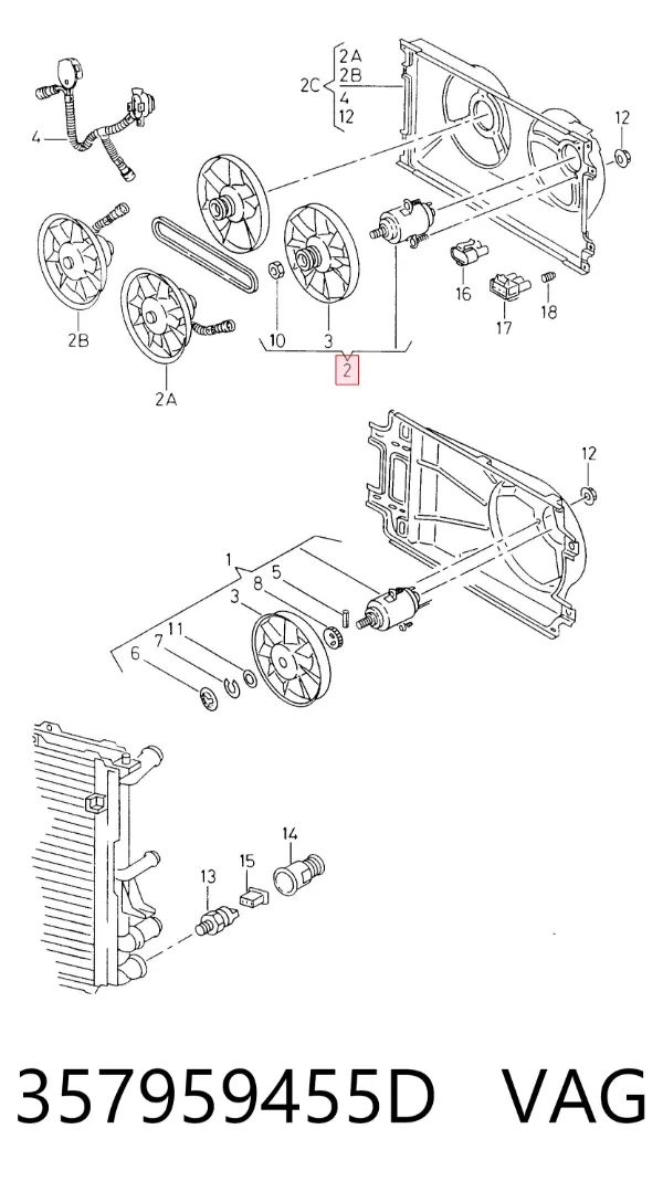 Ventilador elétrico de esfriamento montado (motor + roda de aletas) 357959455D VAG