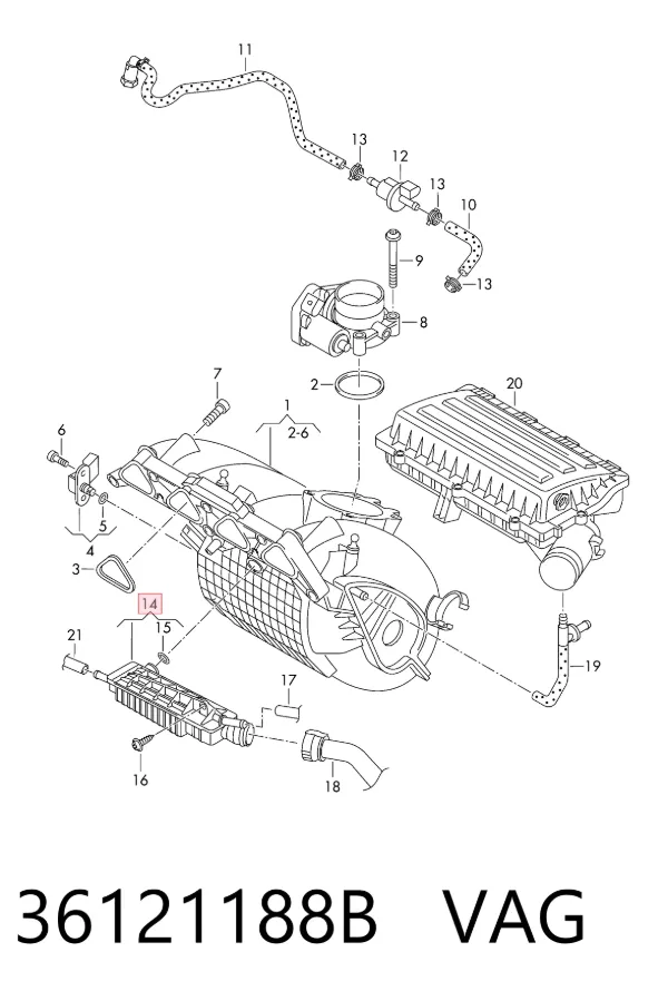 Cano derivado de ventilação de cárter (de separador de óleo) 36121188B VAG