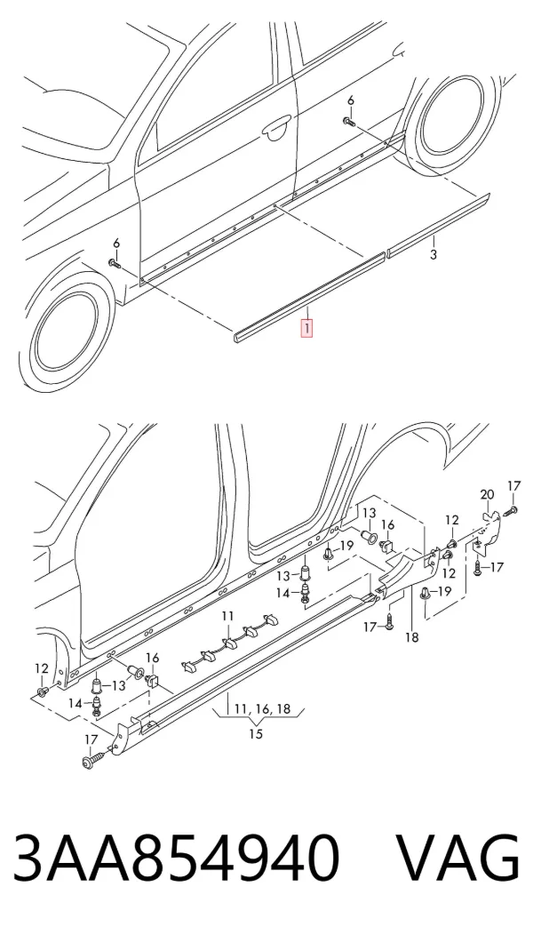 Moldura da porta dianteira direita inferior 3AA854940 VAG