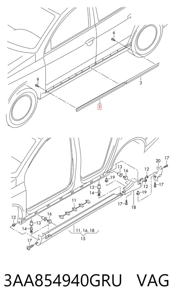 Moldura da porta dianteira direita inferior 3AA854940GRU VAG