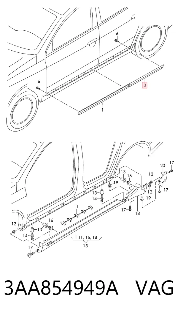 Moldura da porta traseira esquerda inferior 3AA854949A VAG