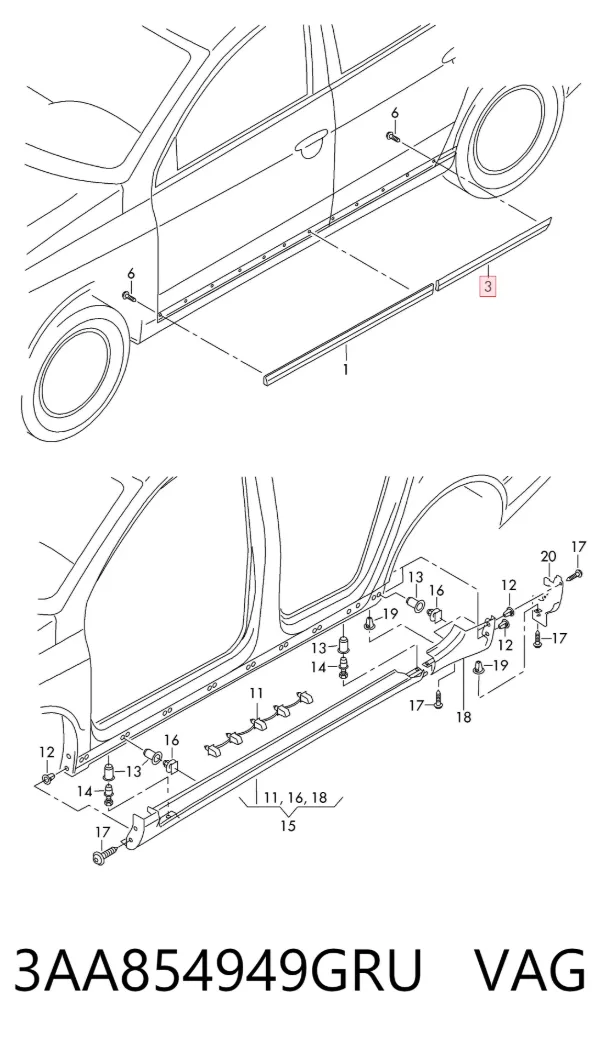 Moldura da porta traseira esquerda inferior 3AA854949GRU VAG