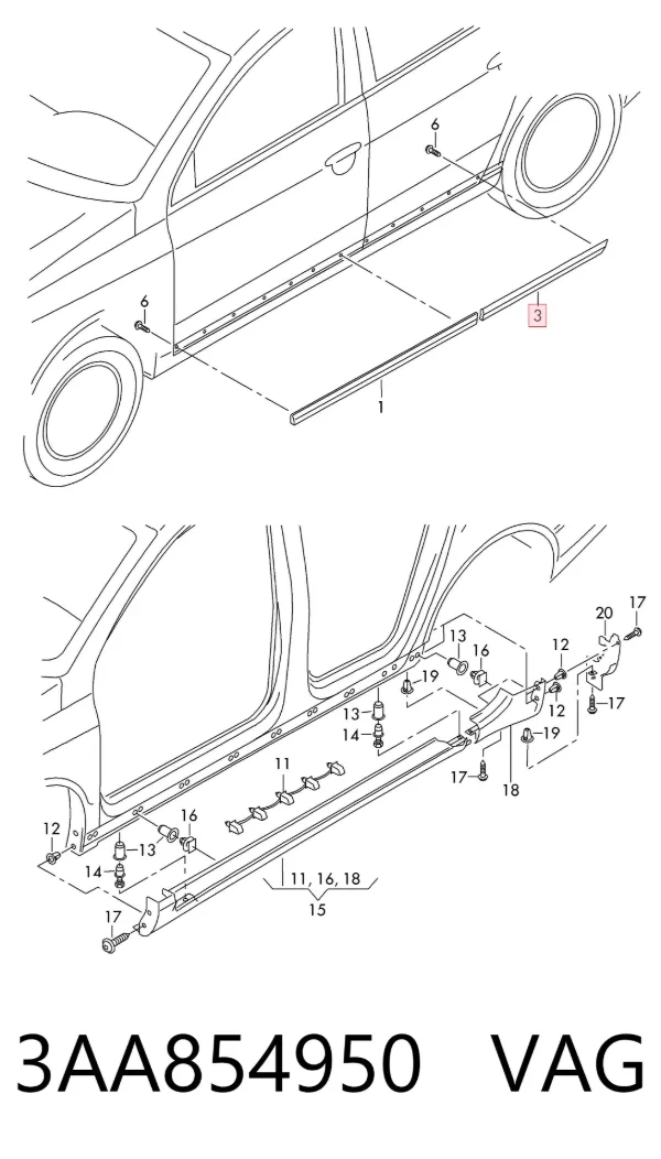 Moldura da porta traseira direita inferior 3AA854950 VAG