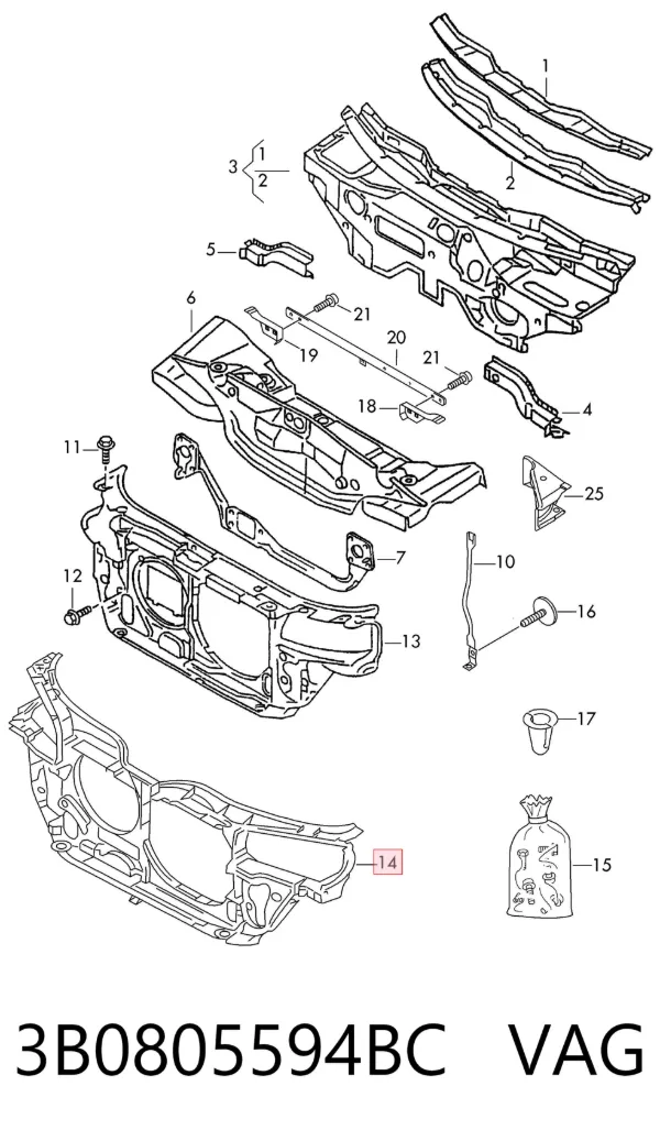 Suporte do radiador montado (painel de montagem de fixação das luzes) 3B0805594BC VAG