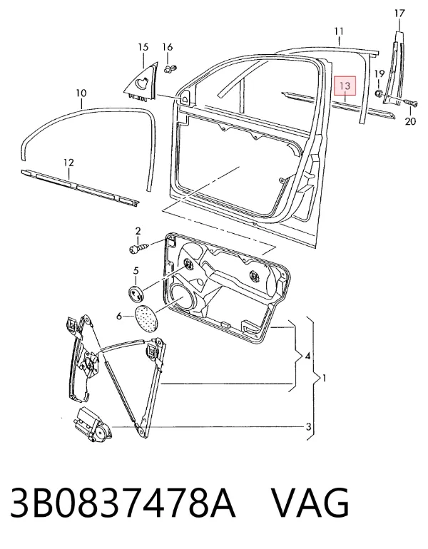 Moldura de vidro deslizante da porta dianteira direita 3B0837478A VAG