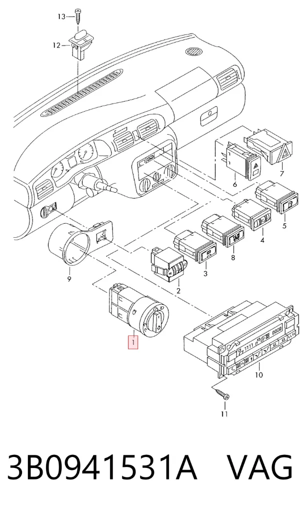 Comutador das luzes no "painel de instrumentos" 3B0941531A VAG