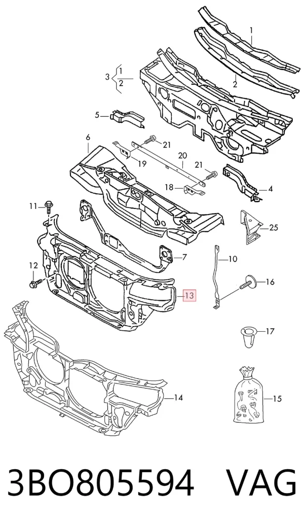 Suporte do radiador montado (painel de montagem de fixação das luzes) 3BO805594 VAG