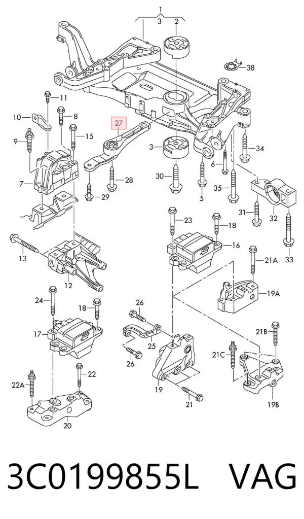 Coxim (suporte) traseiro de motor 3C0199855L VAG