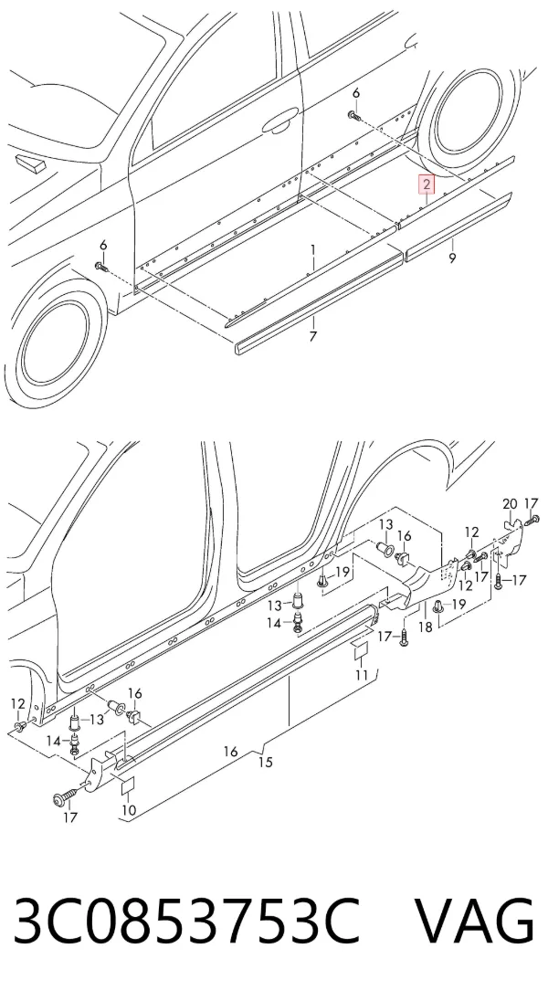 Moldura da porta traseira esquerda superior 3C0853753C VAG