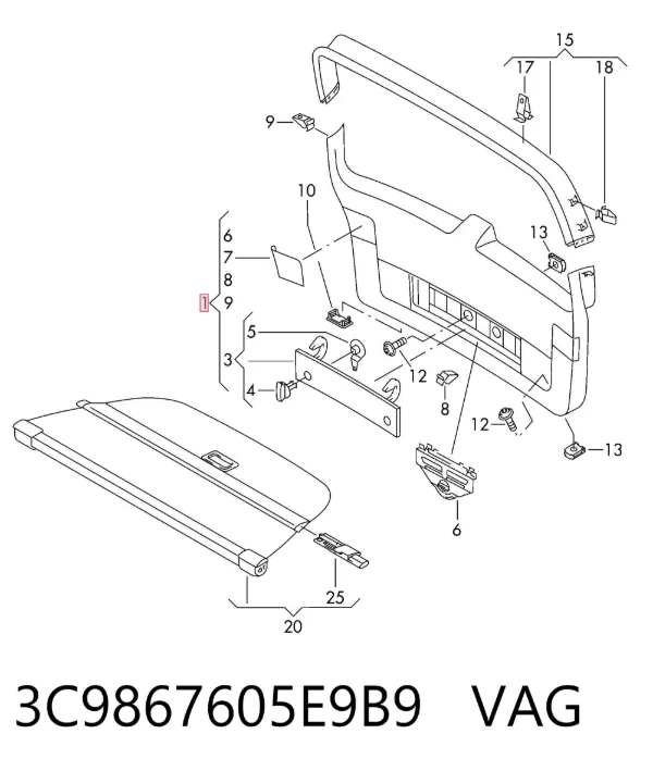Revestimento (cobrimento) de tampa de porta-malas (de 3ª/5ª porta traseira) 3C9867605E9B9 VAG
