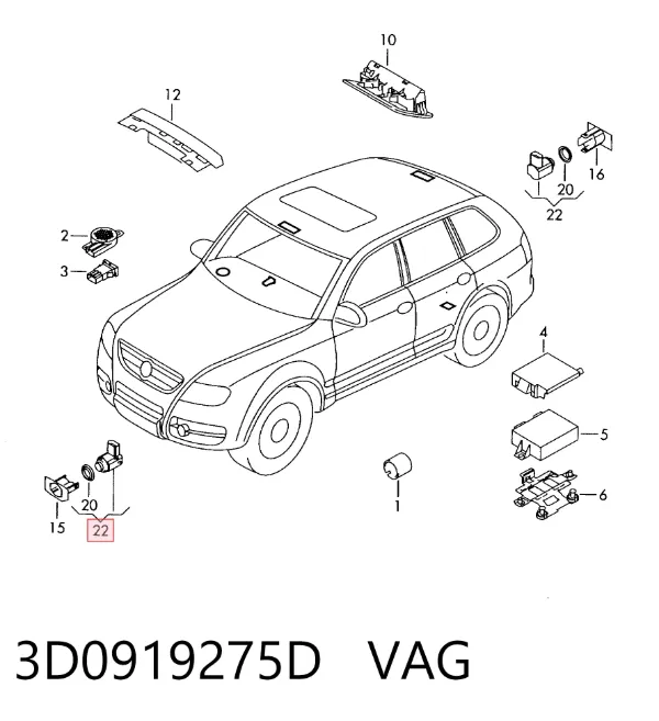 Sensor de sinalização de estacionamento (sensor de estacionamento) dianteiro/traseiro central 3D0919275D VAG