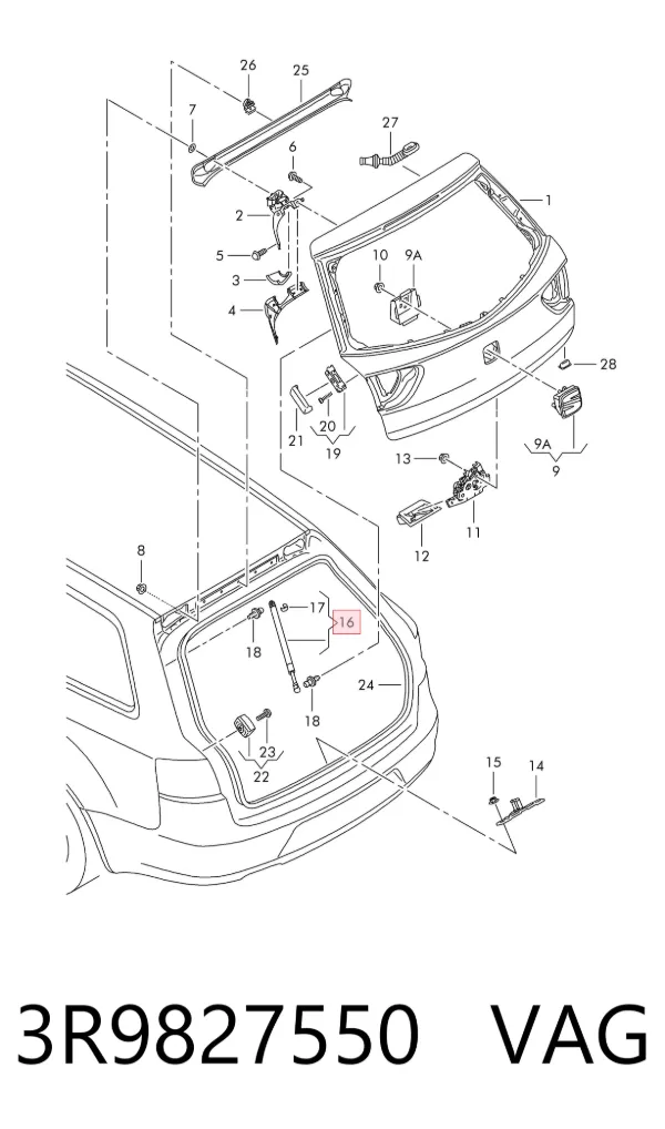 Amortecedor de tampa de porta-malas (de 3ª/5ª porta traseira) 3R9827550 VAG