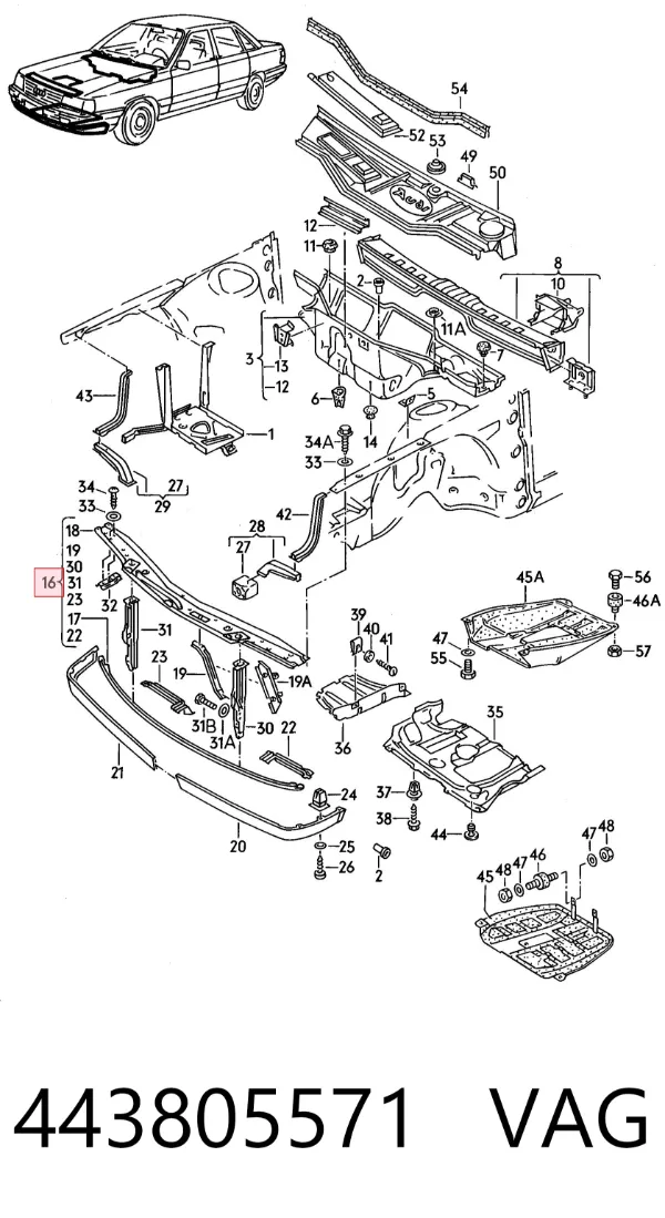 Suporte do radiador montado (painel de montagem de fixação das luzes) Audi 100 C3