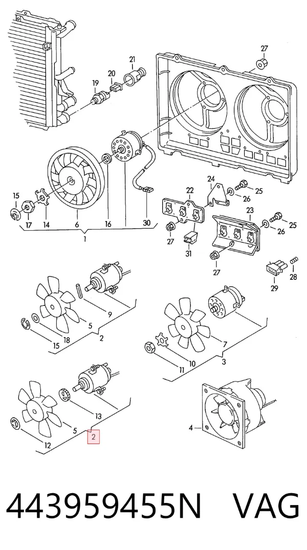 Ventilador elétrico de esfriamento montado (motor + roda de aletas) 443959455N VAG
