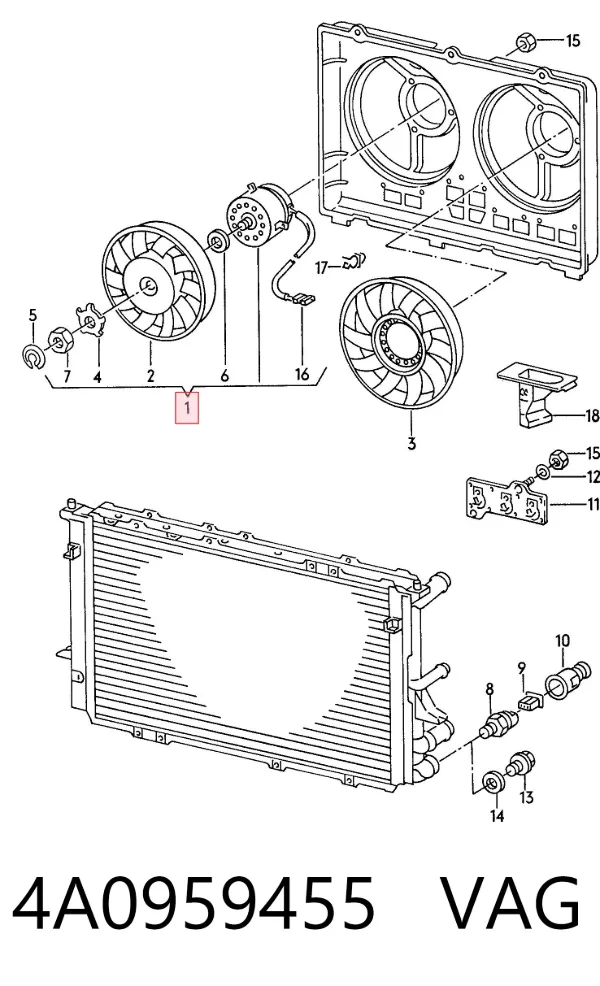 Ventilador elétrico de esfriamento montado (motor + roda de aletas) 4A0959455 VAG