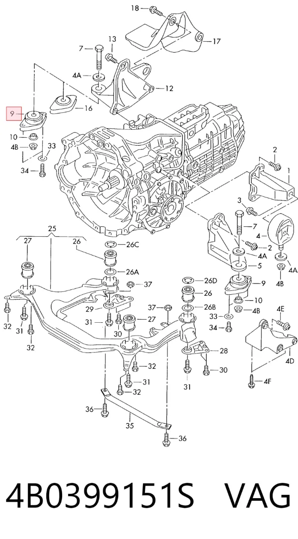 Coxim de transmissão (suporte da caixa de mudança) 4B0399151S VAG