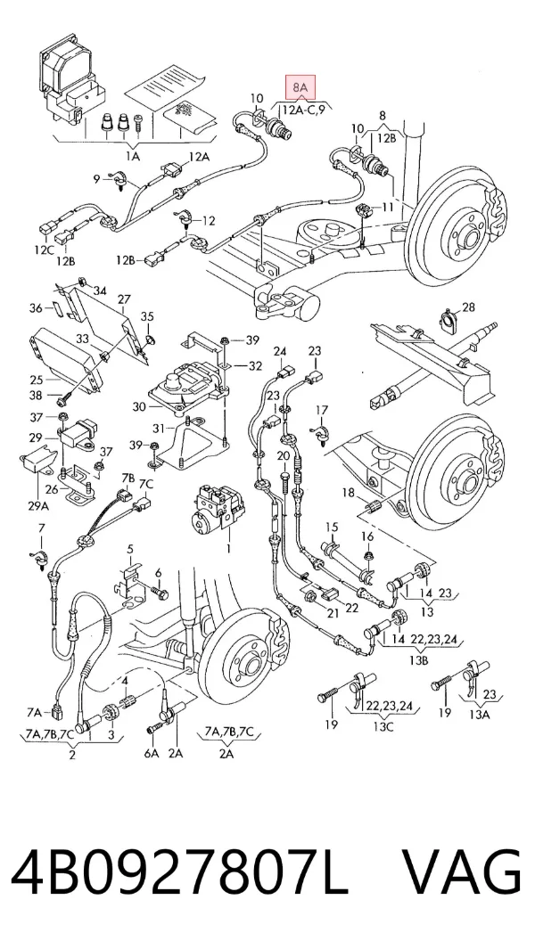 Sensor ABS traseiro esquerdo 4B0927807L VAG